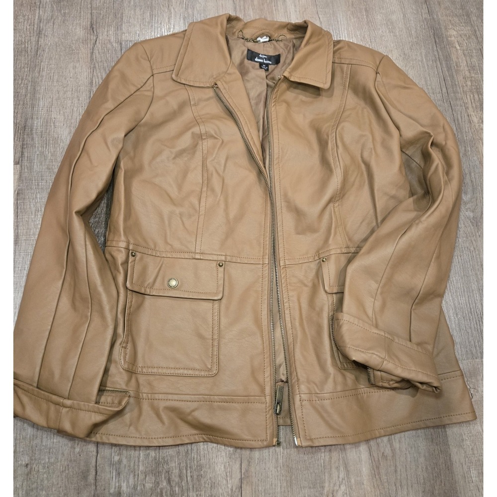 Size M‎ Dennis Basso Faux Light Caramel Brown Leather Jacket Zipper Closure